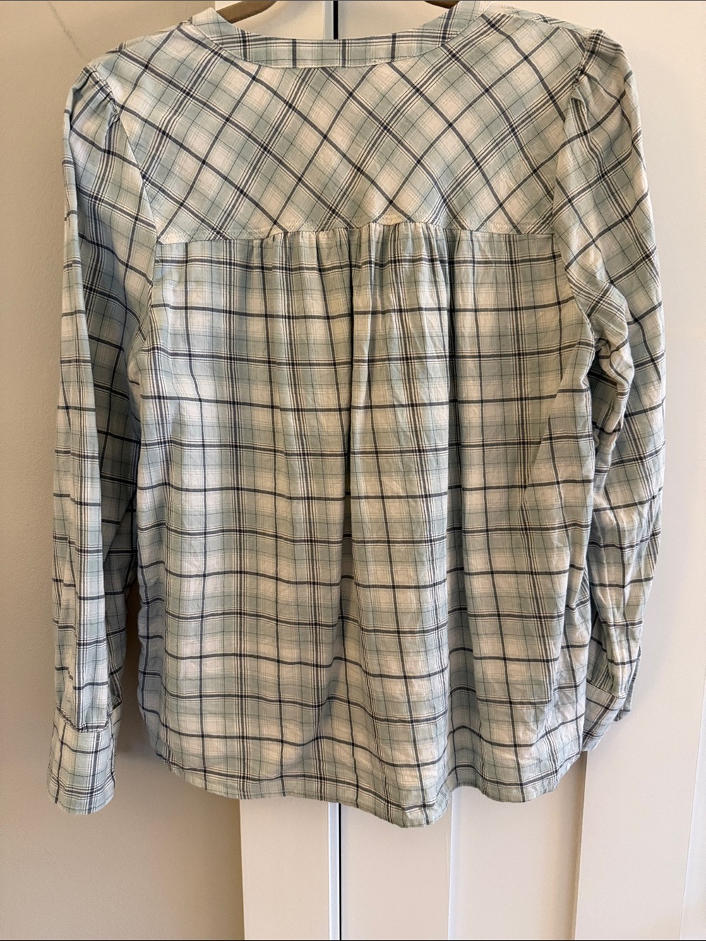 LOFT Plaid Long Sleeve Top Shirt Light Blue/Cream 100% Cotton M - Picture 5 of 6
